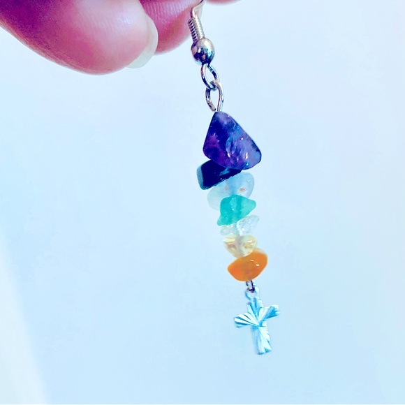 SO_Pretty Chakras Natural Crystal Earrings+Cross Charm Dangle Earrings - Picture 6 of 15